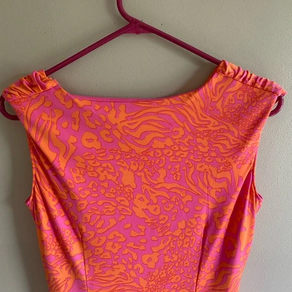 Larry Levine Dress Women's S Pink Orange Cocktail Stretch Ruched Chittah Pattern - Picture 7 of 9
